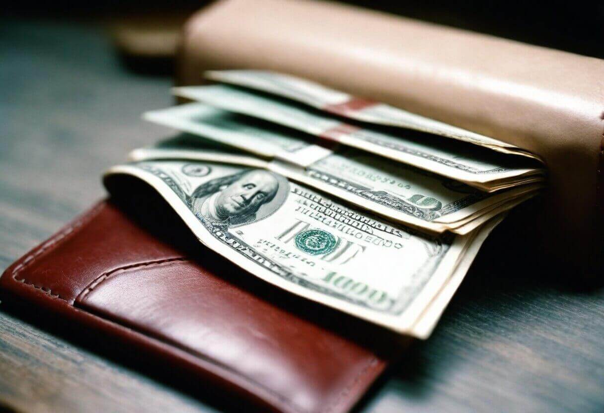 wallet with money in a table