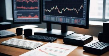 3 computer on the table with stocks charts