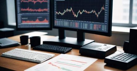3 computer on the table with stocks charts