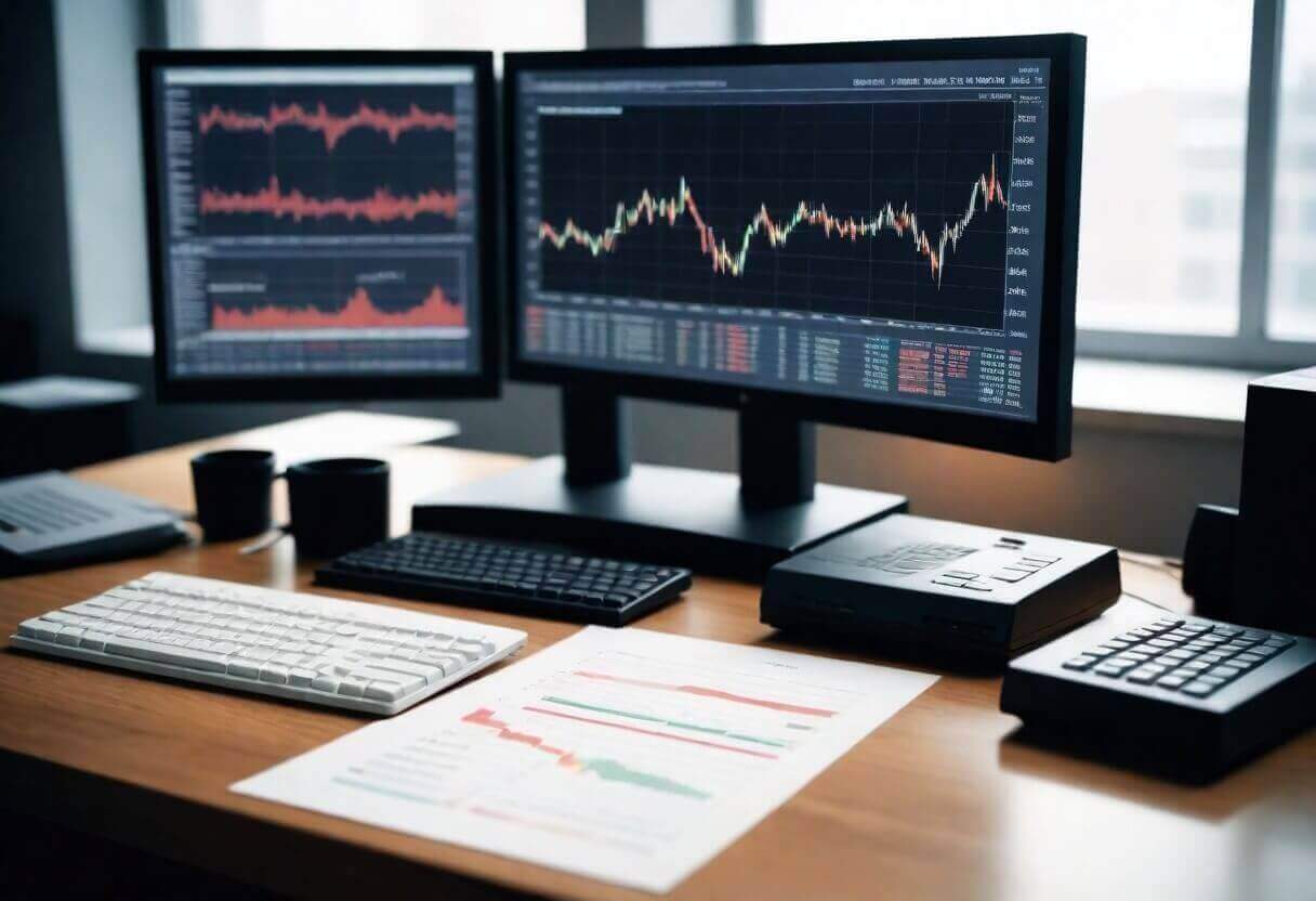 3 computer on the table with stocks charts