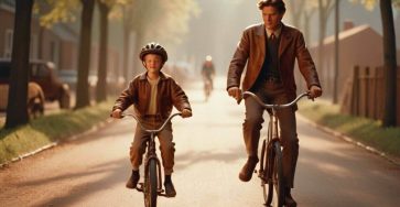 a boy riding by bike with your father