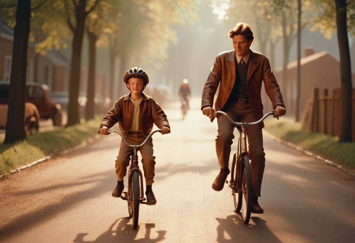 a boy riding by bike with your father